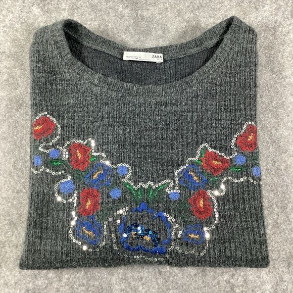 Zara Sequin Embroidered Floral Gray Sweater Size Small Ribbed Knit Lagenlook - Picture 13 of 13